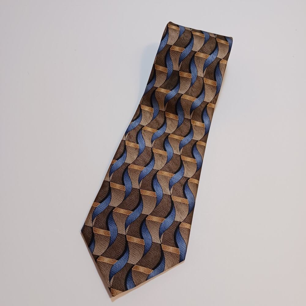 Hathaway 100% Silk Tie Men's Blue Tan Geometric Hand Made 61 x 4 in
